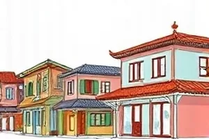 剧评《像素恋人》配图，像素风格的双人剪影与城市天际线
